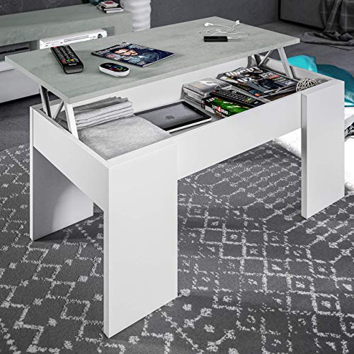 Habitdesign 0L1640A- Mesa de Centro elevable, mesita de Comedor, Medidas: 100 cm (Largo) x 50 cm (Ancho) x 45-56 cm (Alto) (Blanco Artik y Gris Cemento)