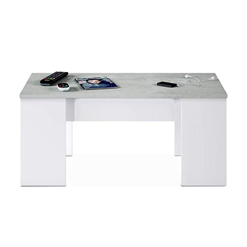 Habitdesign 0L1640A- Mesa de Centro elevable, mesita de Comedor, Medidas: 100 cm (Largo) x 50 cm (Ancho) x 45-56 cm (Alto) (Blanco Artik y Gris Cemento)