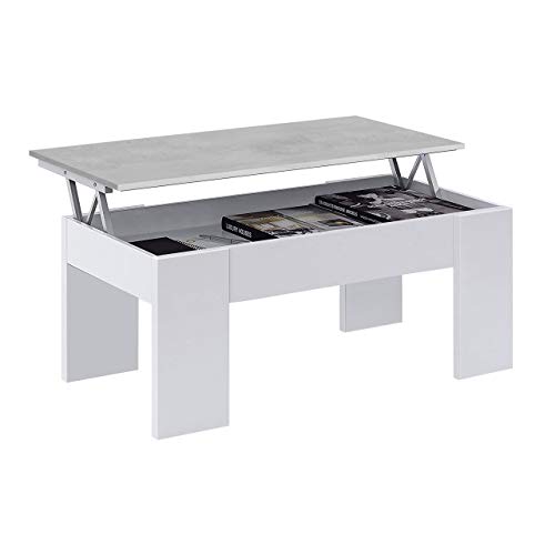 Habitdesign 0L1640A- Mesa de Centro elevable, mesita de Comedor, Medidas: 100 cm (Largo) x 50 cm (Ancho) x 45-56 cm (Alto) (Blanco Artik y Gris Cemento)