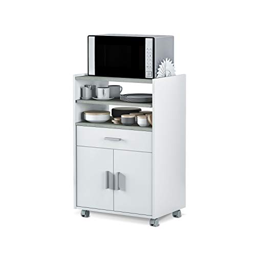 Habitdesign 0L9910O - Mueble auxiliar para microondas, mesa cocina con un cajón y dos puertas, color blanco y cemento, medidas: 92 x 59 x 40 cm de fondo