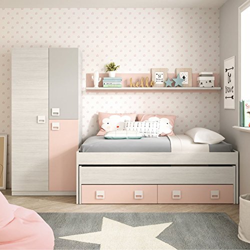 Habitdesign 0M7448Y - Armario Juvenil Infantil, Acabado en Blanco Alpes, Gris y Rosa Pastel, Medidas: 90 cm (Largo) x 200 cm (Alto) x 52 cm (Fondo)