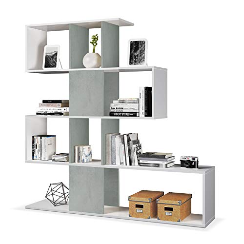 Habitdesign 1L2251A - Estantería Comedor, librería Auxiliar Salon con estantes, Modelo Zig Zag, Medidas: 45 x 145 x 29 cm de Fondo (Blanco Artik y Gris Cemento)