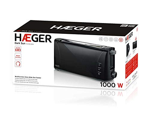 HAEGER Dark Sun - Tostadora Multifunción con 1000W - Ranura Extra Larga, Control de Tostado - 6 Posiciones, 3 Funciones: recalentar, descongelar y cancelar, Impulso Extra para pequeñas rebanadas