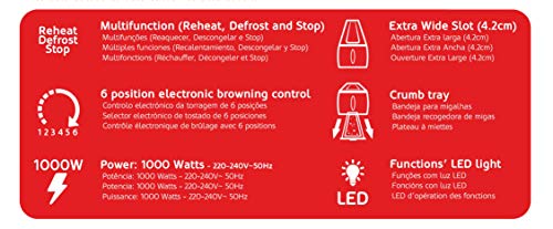 HAEGER Dark Sun - Tostadora Multifunción con 1000W - Ranura Extra Larga, Control de Tostado - 6 Posiciones, 3 Funciones: recalentar, descongelar y cancelar, Impulso Extra para pequeñas rebanadas