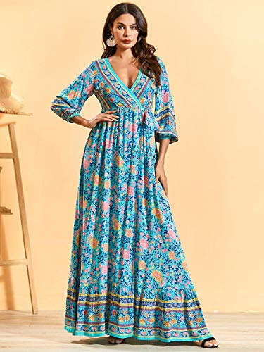 HaiDean Moda Maxi Vestidos Primavera Elegante Estampado Mujer Floral Modernas Casual Cuello en V Tenedor Abierto Vestidos Strappy Bohemio Vacaciones Viajes Vestidos de Playa Casuales