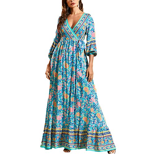 HaiDean Moda Maxi Vestidos Primavera Elegante Estampado Mujer Floral Modernas Casual Cuello en V Tenedor Abierto Vestidos Strappy Bohemio Vacaciones Viajes Vestidos de Playa Casuales