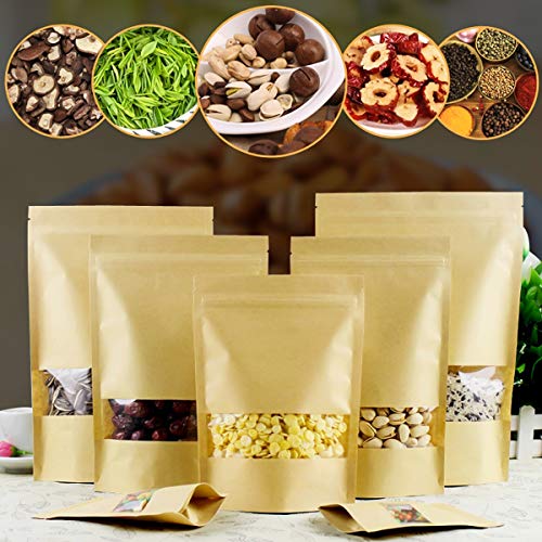 HaiQianXin 100 Unids Bolsas de Panadería con Ventana Bolsas de Papel Kraft Pequeñas Cerradura Zip Levántese la Bolsa de Kraft con Ventana Bolsa de Almacenamiento de Comida Seca (Color : 9 * 14cm)