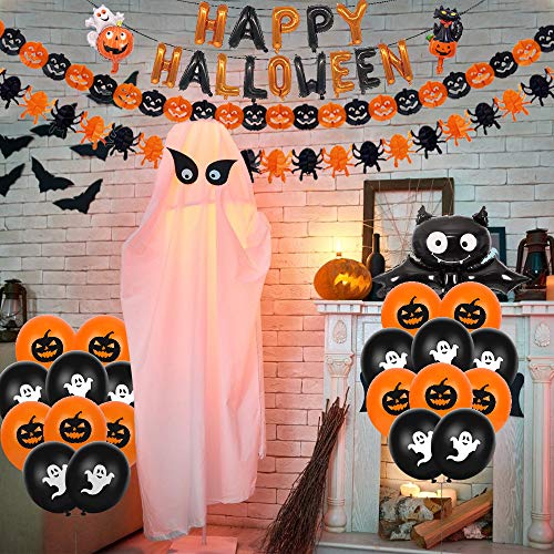 Halloween Decoracion Casa Set, Happy Halloween Globos Decoración Banner Banderinas, Guirnaldas Calabaza Araña, Murciélago Globo de Papel Aluminio con 14 Accesorios para Fotos Globo Fantasma