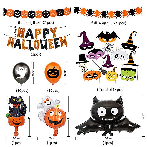 Halloween Decoracion Casa Set, Happy Halloween Globos Decoración Banner Banderinas, Guirnaldas Calabaza Araña, Murciélago Globo de Papel Aluminio con 14 Accesorios para Fotos Globo Fantasma