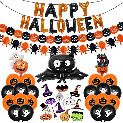 Halloween Decoracion Casa Set, Happy Halloween Globos Decoración Banner Banderinas, Guirnaldas Calabaza Araña, Murciélago Globo de Papel Aluminio con 14 Accesorios para Fotos Globo Fantasma