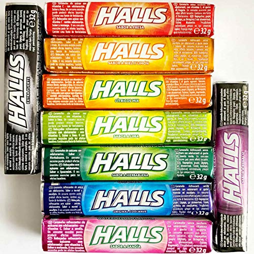 Halls Sin Azúcar Pack COMPLETO 9 sabores x 32 g (Extra Fuerte, Original Eucalipto, Miel-Limón, Cítricos Mix, Fresa, Regaliz, Hierbabuena, Sandía y Lima)