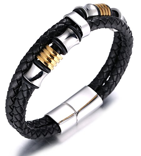 Halukakah ● Honra ● Hombres Pulsera de Cuero auténtico con Cordones de Titanio Acero Inoxidable y Oro Plata Magnético 8.46"(21.5cm) con Caja de Regalo Gratuita