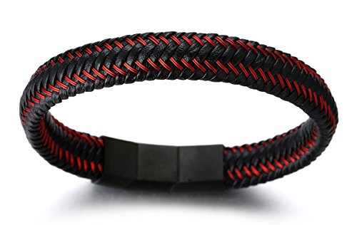 Halukakah Plus ● Jazz ● Pulsera Hombre Cuero Genuina Cierre Magnético Titanio Acero Inoxidable 8.5"-9"(21.5-23cm) con CajaDeRegaloGRATIS