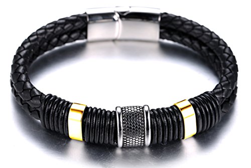 Halukakah ● Solo ● Hombre Piel Auténtica Pulsera de Titanio Acero Inoxidable Negro y Golden 8,46" Libre de (21,5 cm) con Caja de Regalo