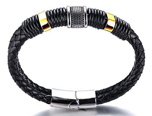 Halukakah ● Solo ● Hombre Piel Auténtica Pulsera de Titanio Acero Inoxidable Negro y Golden 8,46" Libre de (21,5 cm) con Caja de Regalo