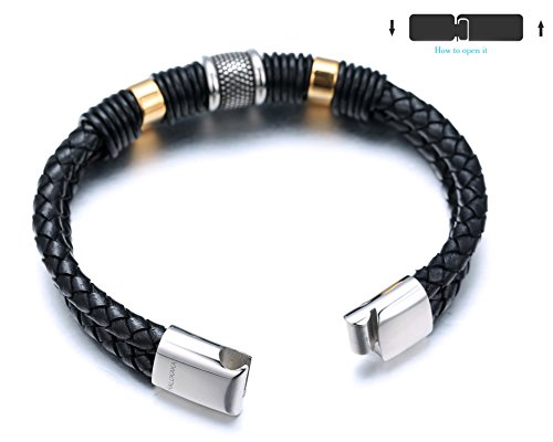 Halukakah ● Solo ● Hombre Piel Auténtica Pulsera de Titanio Acero Inoxidable Negro y Golden 8,46" Libre de (21,5 cm) con Caja de Regalo