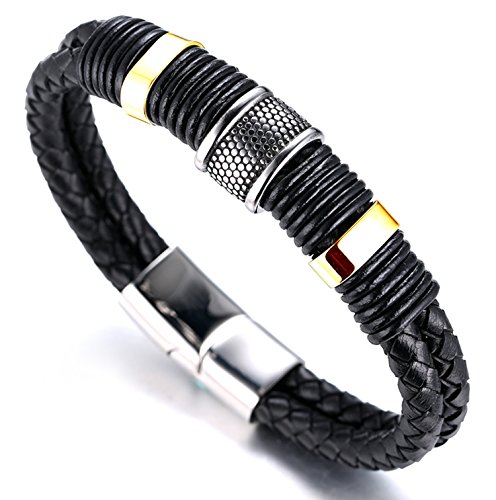 Halukakah ● Solo ● Hombre Piel Auténtica Pulsera de Titanio Acero Inoxidable Negro y Golden 8,46" Libre de (21,5 cm) con Caja de Regalo