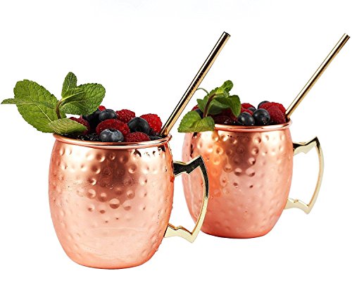 Hammered Moscow Mule Copper Mugs set 18-Ounce (Pack of 4) 4 Straw Free,