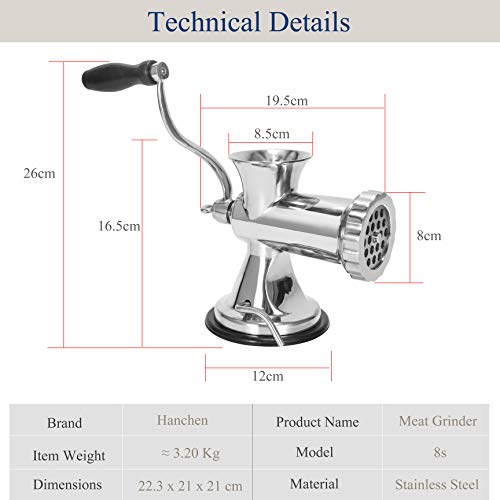 Hanchen Picadora de Carne Manual Molino de Carne Acero inoxidable Embutidora de salchichas 8s/12 CE