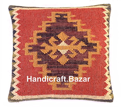 handicraft Bazar - Juego de 2 Fundas de cojín de Yute Tejidas a Mano, Funda de Almohada Decorativa, Hecho a Mano, 45 x 45 cm, Funda de Almohada Vintage, diseño Indio