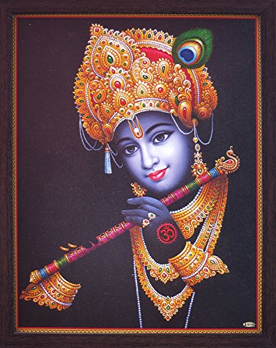 HandicraftStore Lord Krishna Jugando con Flauta Decorativa, llevando Adornos y Hermoso Mukuat, un póster religioso y Elegante con Marco de Fotos, imprescindible para Oficina/hogar/religioso