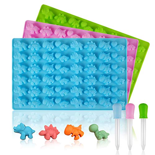 Hangnuo 3 paquetes de moldes de dinosaurios de goma, moldes de silicona para chocolate, moldes para cubitos de hielo, bombones, dulces con 3 gotas