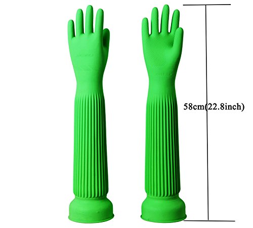 Hangnuo - Guantes de goma hasta el codo, impermeables, reutilizables - Para cocina, jardín, limpieza - 1 par de 58 cm verdes y naranjas, Verde, Large