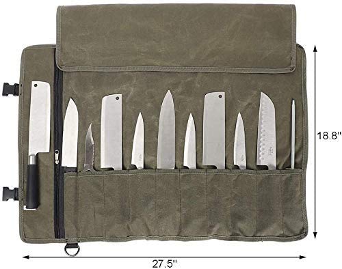 HANSHI Chef Knife Roll Bag 12OZ Waxed Canvas Portable Knife Bag Case Storage Tote Stores 10 Cuchillos + Cremallera para Herramientas culinarias para cocinar Chef (Gery)