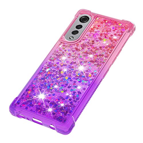 HAOTIAN Funda para LG Velvet 5G/4G Funda + 2 Cristal Templado, Degradado Color Glitter Liquida Cristal Ultradelgado Suave Silicona Estuche TPU Bumper Carcasa, Rosado/Púrpura