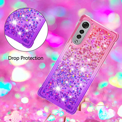 HAOTIAN Funda para LG Velvet 5G/4G Funda + 2 Cristal Templado, Degradado Color Glitter Liquida Cristal Ultradelgado Suave Silicona Estuche TPU Bumper Carcasa, Rosado/Púrpura