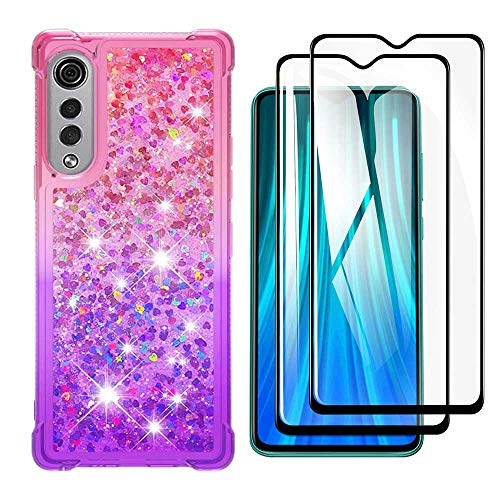 HAOTIAN Funda para LG Velvet 5G/4G Funda + 2 Cristal Templado, Degradado Color Glitter Liquida Cristal Ultradelgado Suave Silicona Estuche TPU Bumper Carcasa, Rosado/Púrpura