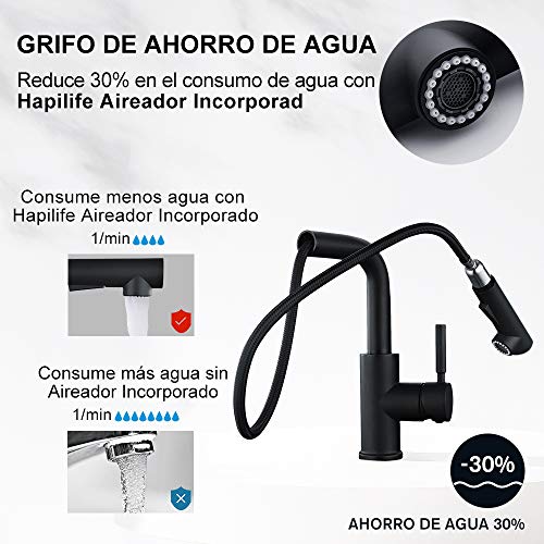 Hapilife Grifo Cocina Negro Grifos de Cocina Grifo Cocina Extraible Negro Grifo de Cocina fregadero Negro Grifo Cocina Alto Griferia Cocina Negro con Doble Chorros Antical Giratorio