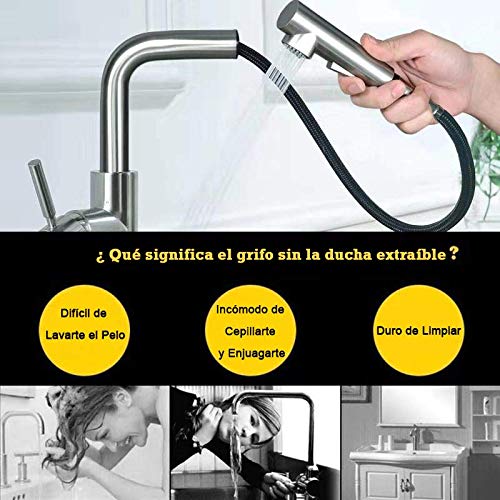 Hapilife Grifo De Cocina Extraible Monomando Multifuncional Estético Con Caño Giratorio Alto Cromado Inoxidable para Fregadero