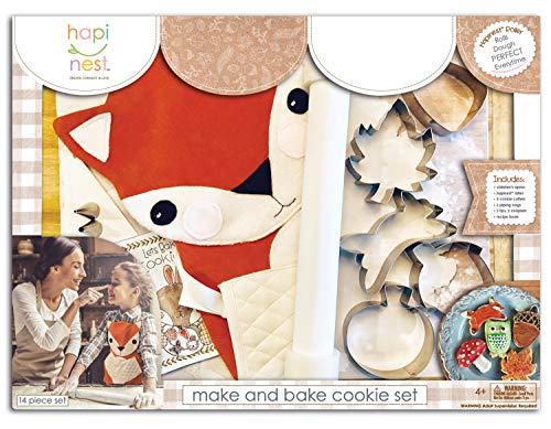 Hapinest - Juego de galletas para niños (4 5 6 7 8 años, kit de galletas para hacer y hornear de zorro delantal y cortadores de galletas de otoño, 14 piezas
