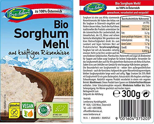 Harina de sorgo ecológica austríaca, sin gluten 1,8kg Bio biológica, sin OMG, de mijo de sorgo con grano entero de Austria, orgánico, extra limpio y sin datura 6x300g