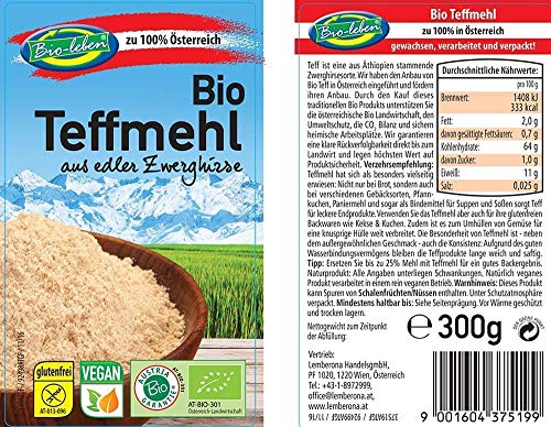 Harina de teff austriaca ecológica, sin gluten 1,8kg Bio biológica, sin OMG, de teff de grano entero de Austria, mijo miniatura orgánico, extra limpio y sin datura 6x300g