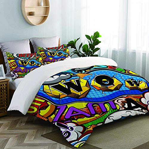 HATESAH Funda nórdica de 3 Piezas Tejido de Microfibra，Bocadillos de cómic Multicolores，El Juego de Cama Tiene 2 Fundas de Almohada 220 x 240cm