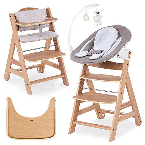 Hauck Beta Plus Newborn Set Deluxe - Trona evolutiva con Hamaca reclinable y móvil, cojín y bandeja - Trona bebe convertible- Silla Trona Madera haya - Nature/Beige