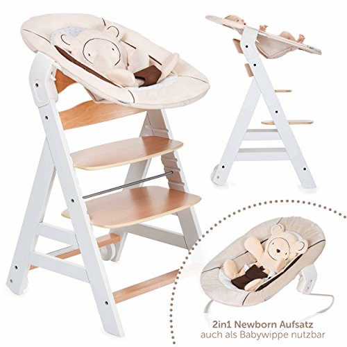 Hauck Beta Plus Newborn Set - Trona evolutiva con hamaca para recién nacidos, cojín y bandeja - Trona bebe convertible- Silla Trona Madera haya - Blanco/Nature