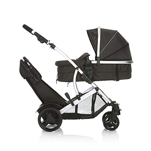 Hauck Duett 2 - Carro gemelar, silla de paseo gemelar, capazo desde nacimiento transformación a sillita, asiento giratorio, desmontable segundo asiento, manillar ajustable en altura, Black Forest