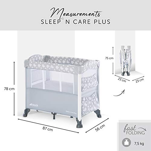 Hauck Sleep'n Care Plus - Minicuna, 5 piezas, con colchón, ruedas, bolsas, barandilla lateral de bajar para acceder al bebe, bolsa de transporte, plegado fácil, gris