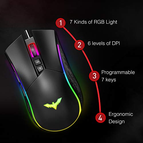 havit Ratón Gaming 7 Botones Mouse Gaming programables Iluminación RGB [800-1600-2400-4800] para Windows7/8/10/Xp/Vista/Linux（MS733）