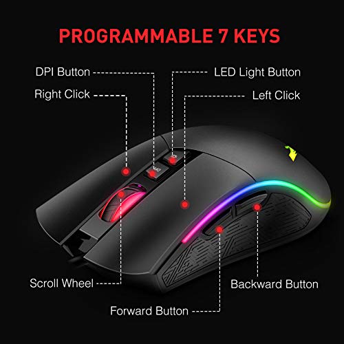 havit Ratón Gaming 7 Botones Mouse Gaming programables Iluminación RGB [800-1600-2400-4800] para Windows7/8/10/Xp/Vista/Linux（MS733）