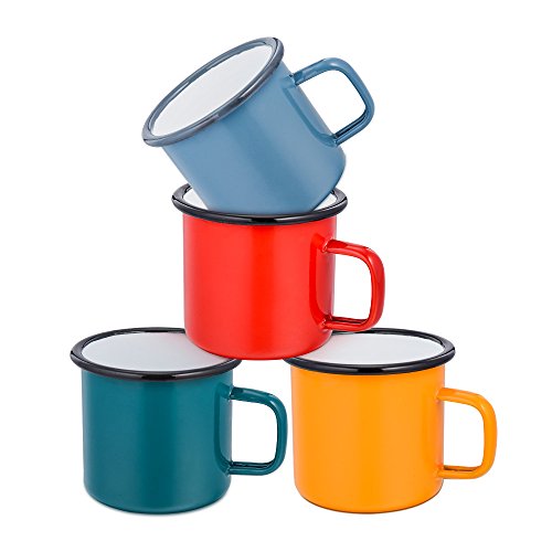 HaWare - Juego de 4 tazas de té esmaltadas, color rojo/amarillo/azul/verde, ideal para el hogar/oficina/viajes/camping, reutilizable, 350 ml (12 onzas)