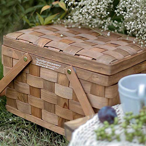 Hearthrousy Cesta de Picnic de Mimbre Cesta de Almacenamiento con Tapa y Asas Plegables Forro Cesta de Cocina Recolección de Frutas Bodas para Fiestas Y Barbacoas 27x20x19cm