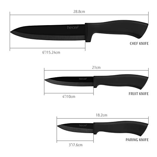 Hecef 4 cuchillos de cerámica con soporte de acrílico, juego de cuchillos de cerámica negro, incluye cuchillo de chef de 6 pulgadas, cuchillo de fruta de 4 pulgadas, cuchillo de 3 pulgadas
