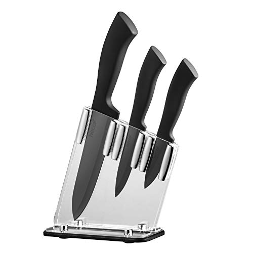 Hecef 4 cuchillos de cerámica con soporte de acrílico, juego de cuchillos de cerámica negro, incluye cuchillo de chef de 6 pulgadas, cuchillo de fruta de 4 pulgadas, cuchillo de 3 pulgadas
