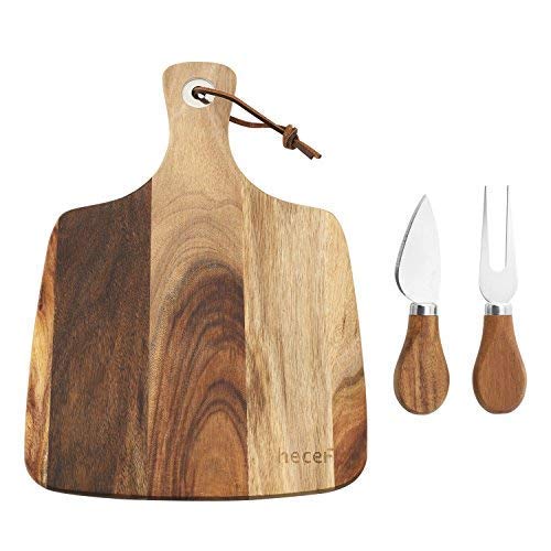 hecef Set de Tabla y Cuchillos para Cortar Queso, un Tabla de Madera de Acacia & un Cuchillo & un Tenedor, Tabla de Queso de Madera, Navidad