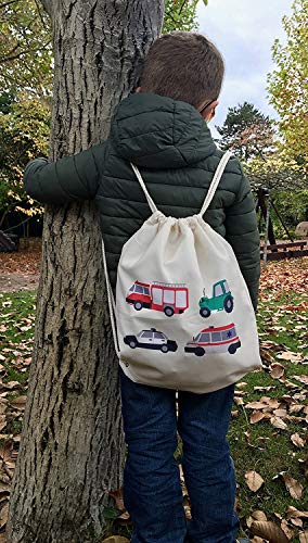 HECKBO Gimnasio Infantil - Impreso por Ambos Lados con 4 brigadas de Bomberos, Tractor, Ambulancia y policía - Gymsack, Mochila, Bolsa de Juegos, Bolsa de Deportes, Bolsa de Zapatos, Bolsa para niños