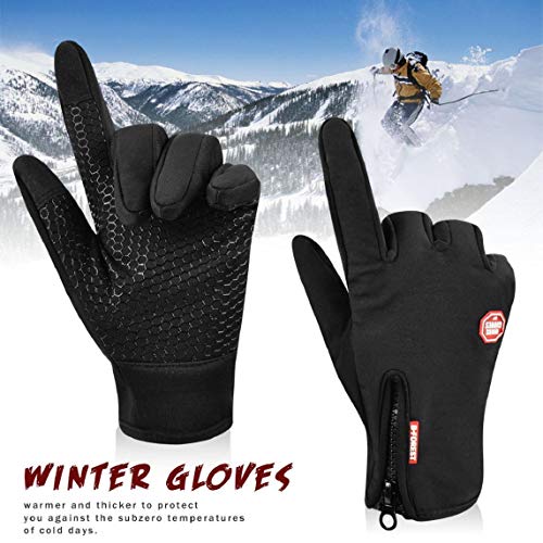 heekpek Guantes de Deportes de Invierno para Hombre Guantes de PU Cálidos con Forro de Lana Gruesa Cremallera Trasera Adicional Guantes de Pantalla Táctil (Negro, S)